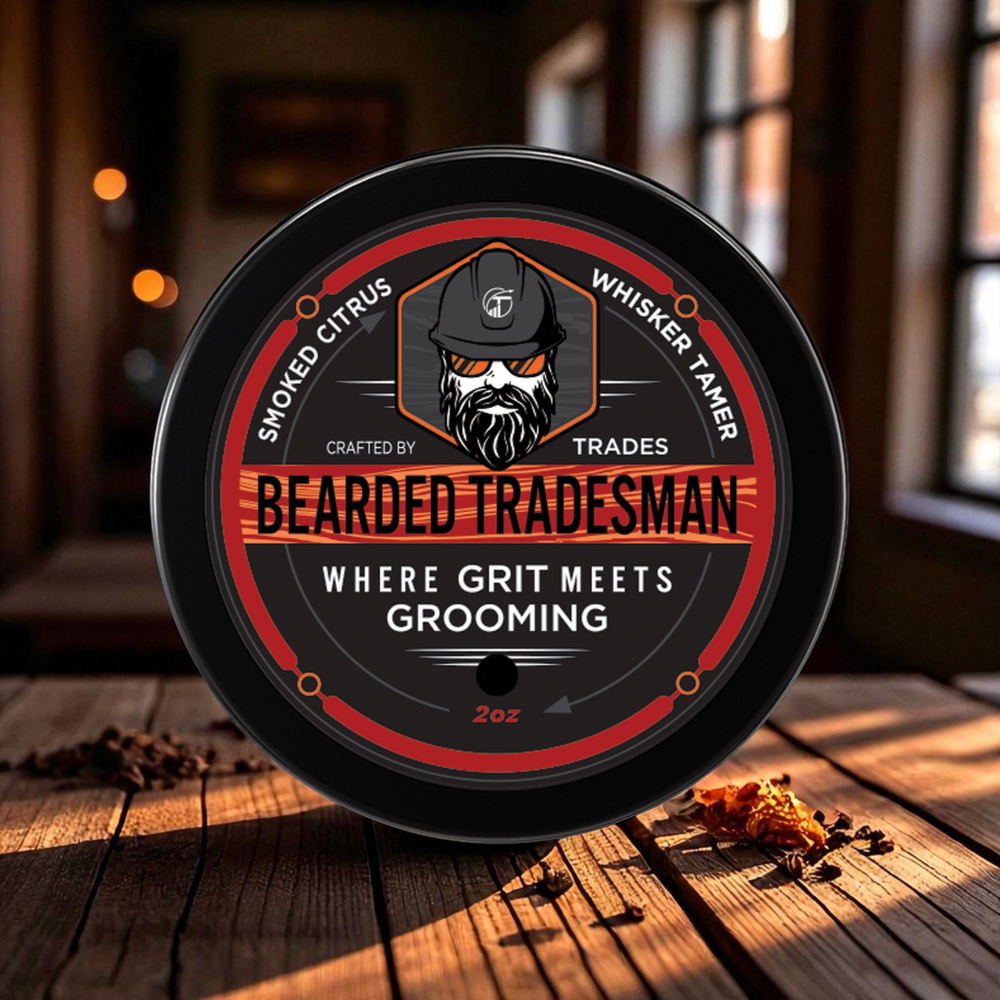 Bearded Tradesman grooming product container with branding on a white background