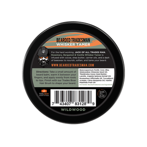 Bearded Tradesman Whisker Tamer product packaging with label on a white background