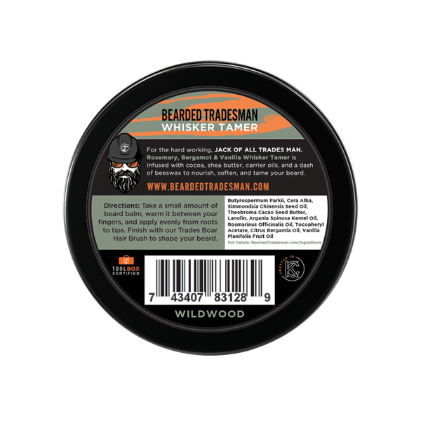Bearded Tradesman Whisker Tamer product packaging with label on a white background